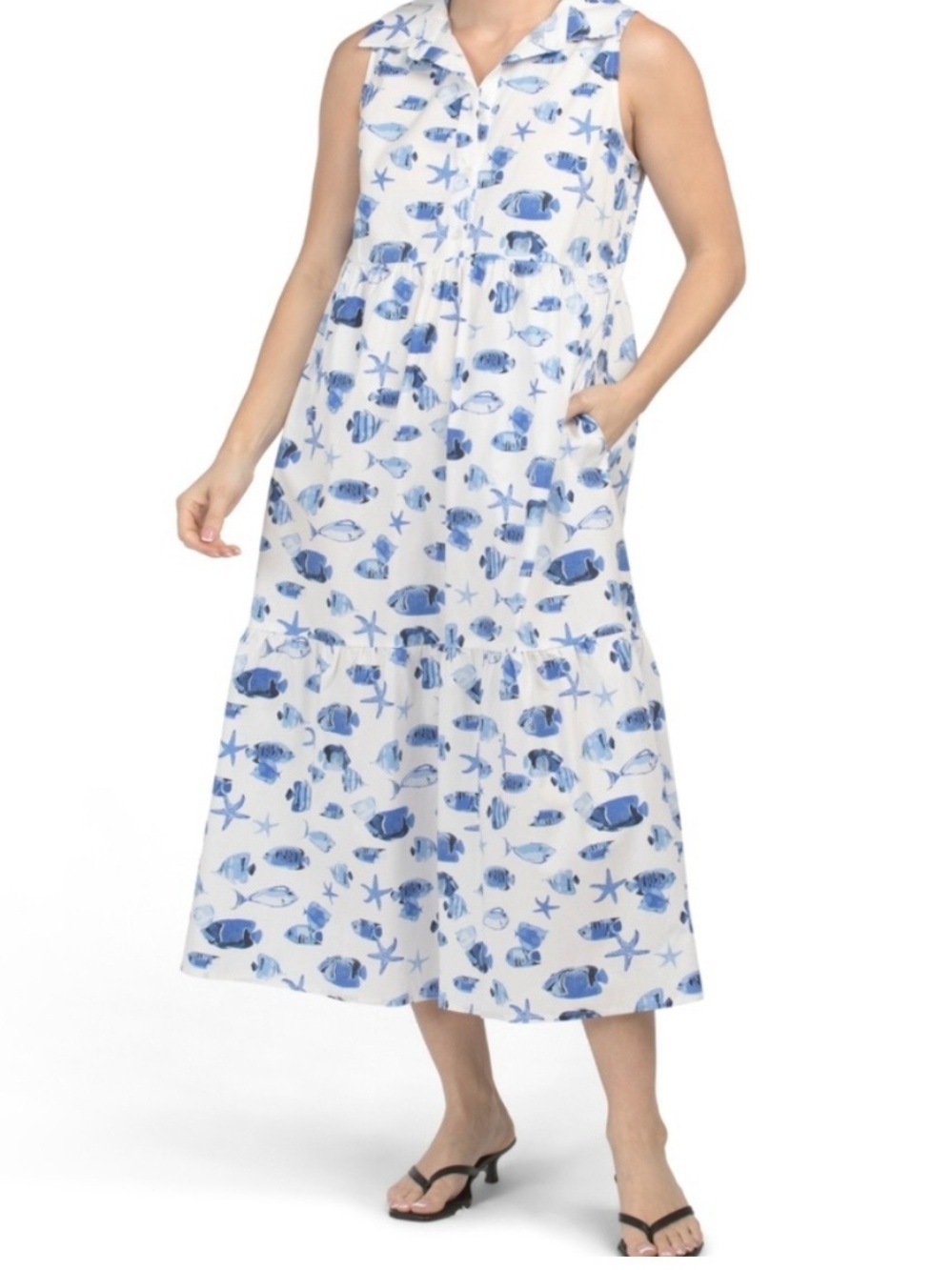 Rachel Zoe Marine Shirt Dress L Maxi Tiered Sleeveless Fish Starfish